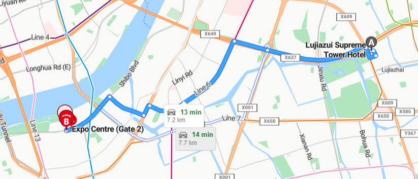 Main Map: Lujiazui Supreme Tower Hotel to Expo Centre
