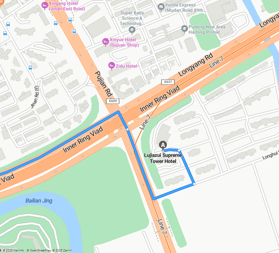 Map A: Route from Lujiazui Supreme Tower Hotel to Expo Centre via Inner Ring Road